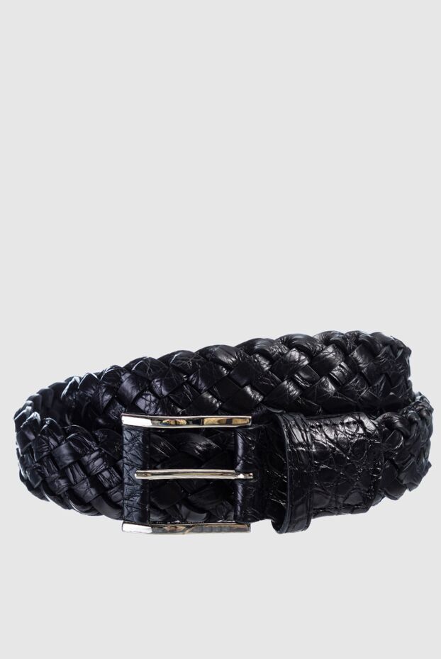 Glossy black woven crocodile leather belt for men - photo 1