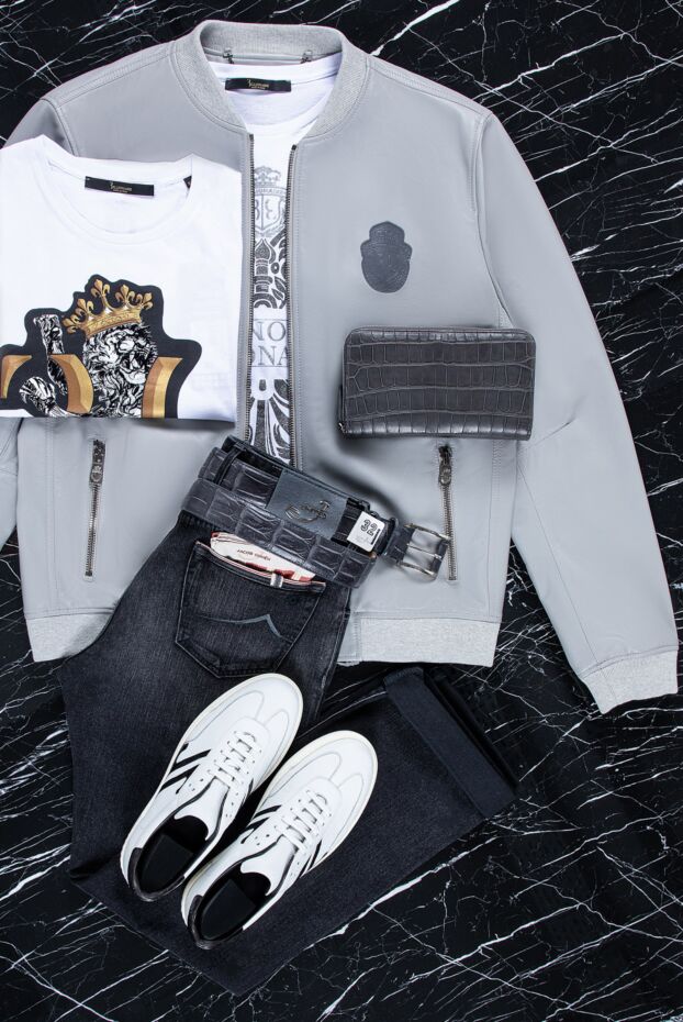Billionaire men’s light gray leather bomber jacket with a logo patch 159991 - photo 2