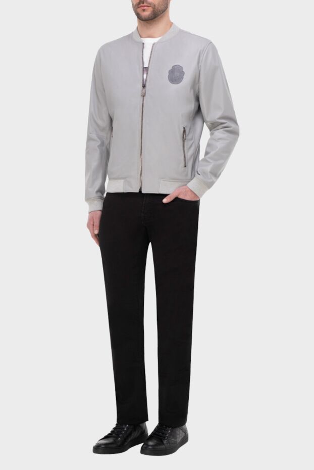 Billionaire men’s light gray leather bomber jacket with a logo patch 159991 - photo 3