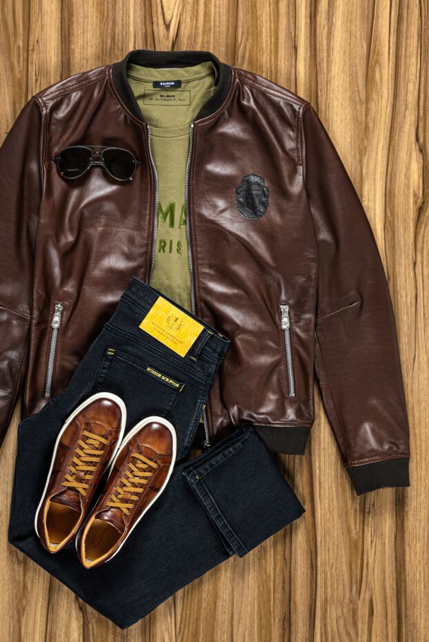 Billionaire men’s brown leather bomber jacket with a logo patch 159992 - photo 2