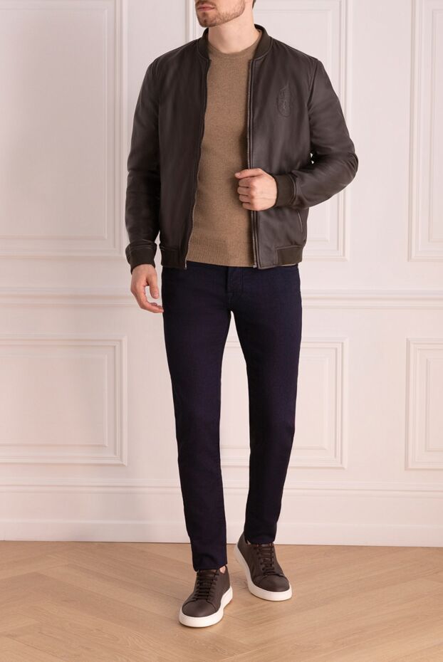 Billionaire men’s dark brown leather bomber jacket with a logo patch 159994 - photo 3