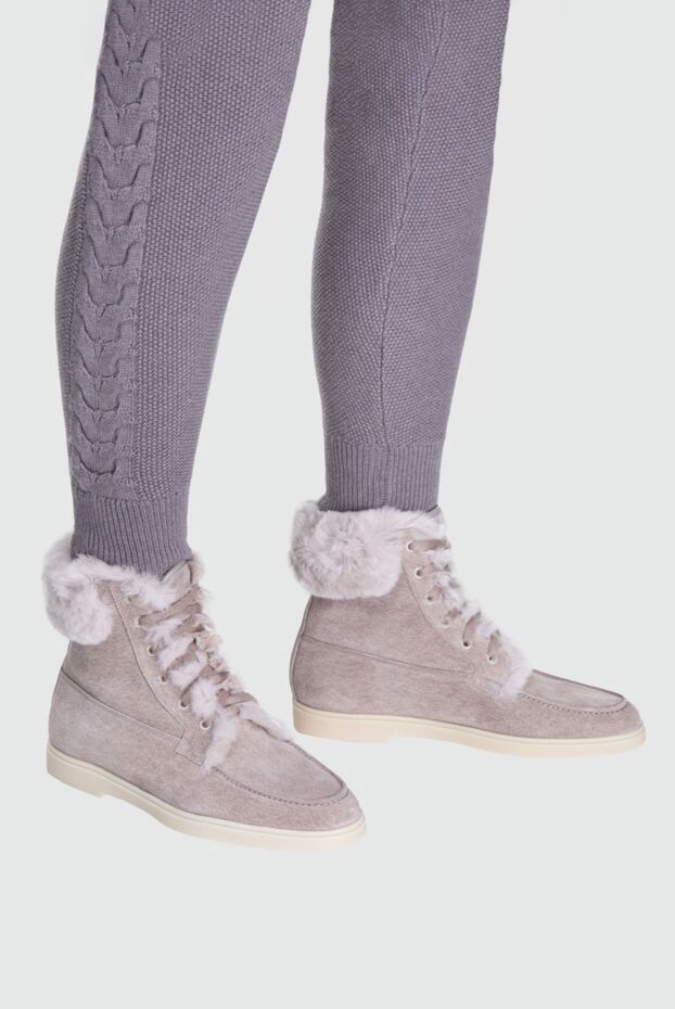 Santoni women's beige leather boots with fur and laces 161409 - photo 2