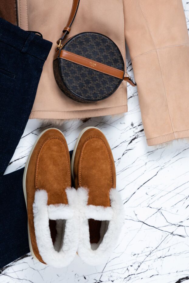 Loro Piana нубуктан және хутрдан жасалған қоңыр түсті әйелдердің лоферлері 162112 - фото 2