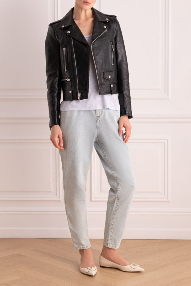 Saint Laurent асимметриялық найзағай және қақпақтары бар шынайы былғарыдан жасалған әйелдер былғары байкер курткасы
 162152 - фото 3