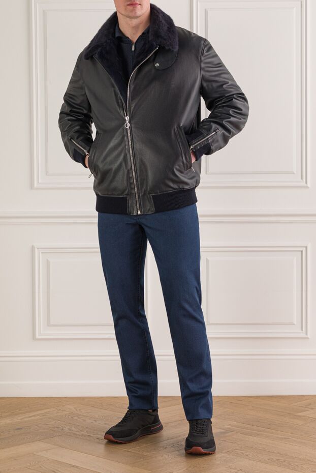 Seraphin men's blue leather bomber jacket with a fold-down fur collar 162463 - photo 2