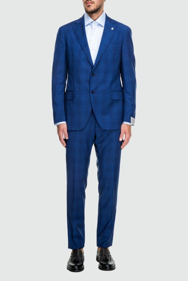 Lubiam checked wool mélange blue suit with branded pin boutonniere men's 162758 - photo 2