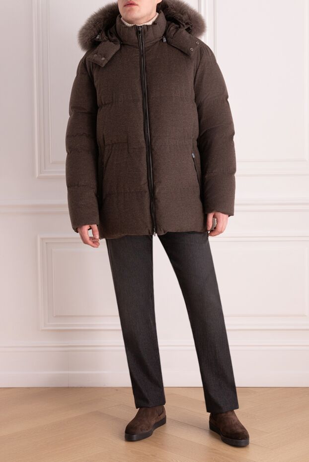 Corneliani men's down jacket made of brown cashmere with a voluminous hood and fur trim
 163320 - photo 2