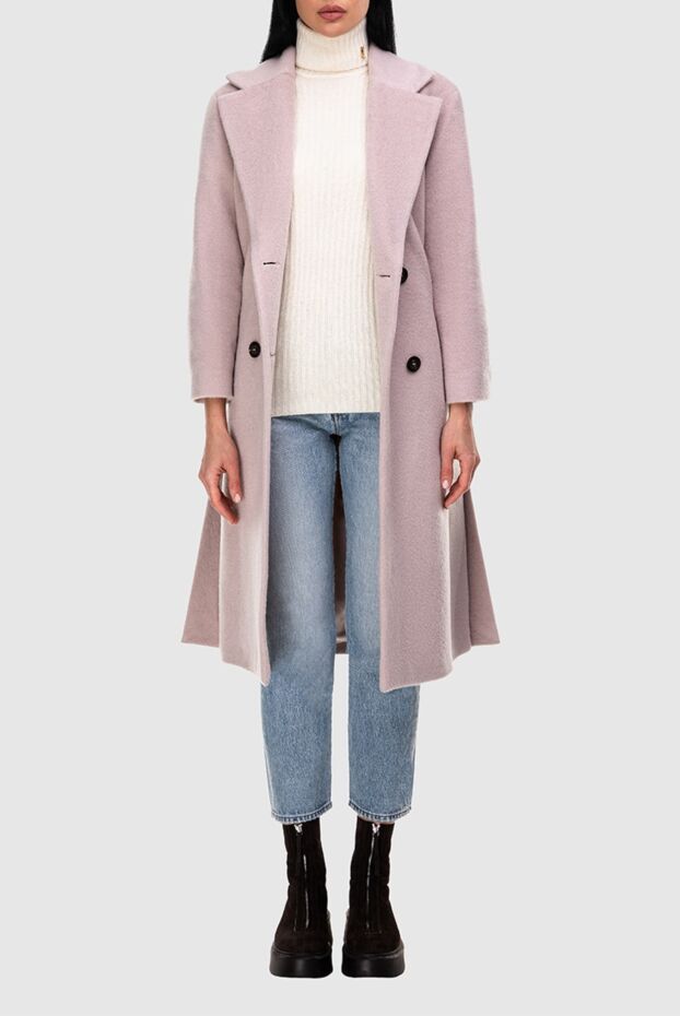Women's long wool coat in pink with a belt - photo 2