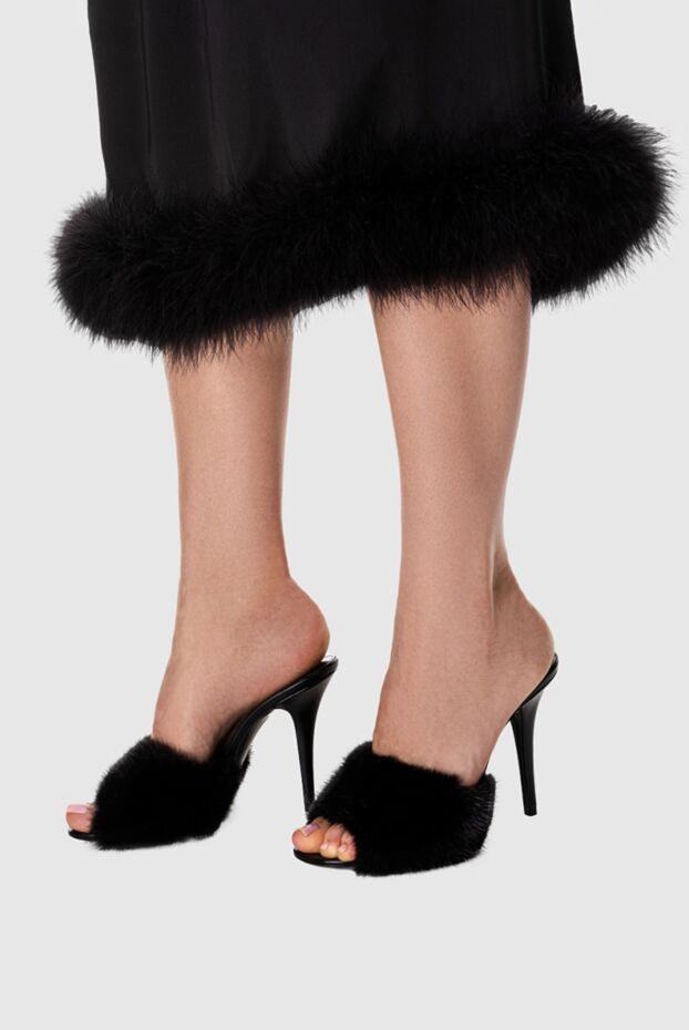 Saint Laurent women's black leather mules with fur and high heels 163800 - photo 2
