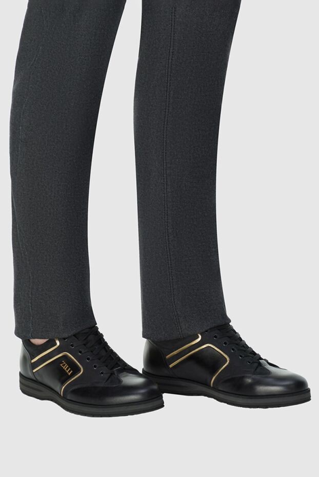 Zilli black leather sneakers with gold trim and logo 164682 - photo 3