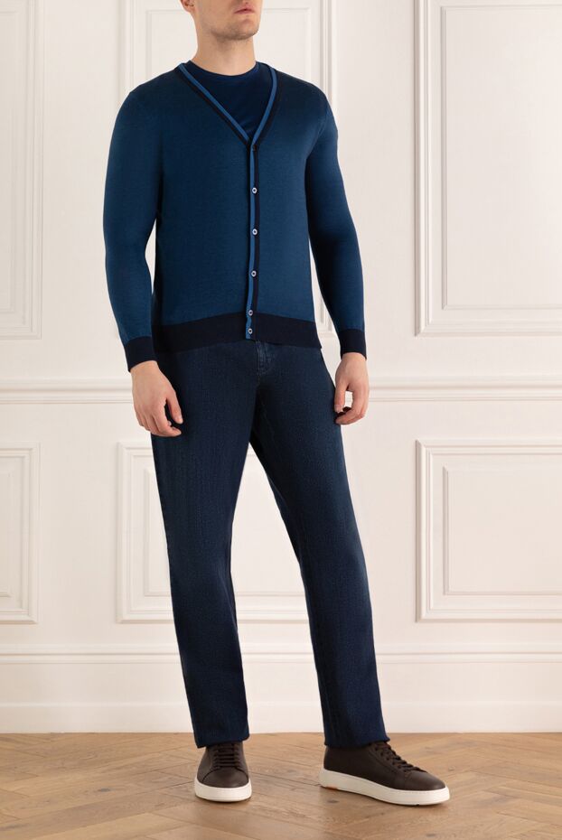 Zilli men's blue cashmere and silk cardigan with contrasting strip
 164860 - photo 2