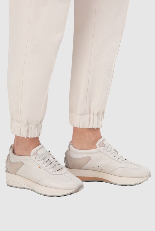 Santoni women's leather sneakers on a chunky sole with beige inserts in white 165076 - photo 2