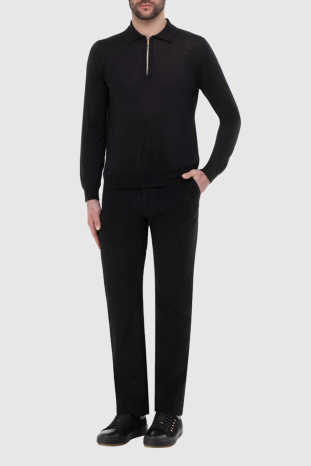 Zilli men's long sleeve black polo shirt with crocodile leather inserts and zipper 165747 - photo 3
