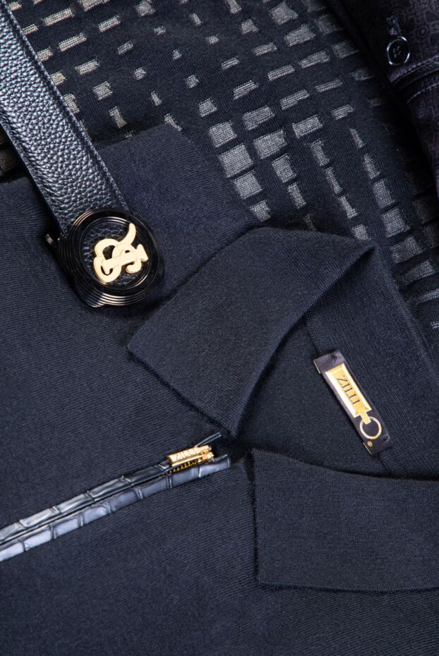 Zilli men's long sleeve black polo shirt with crocodile leather inserts and zipper 165747 - photo 2