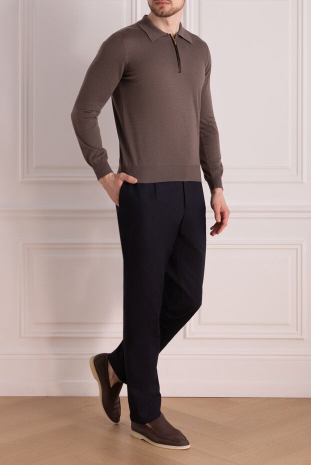 Zilli men's long sleeve beige polo shirt with crocodile leather inserts and zipper 165749 - photo 2