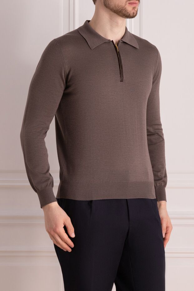 Zilli men's long sleeve beige polo shirt with crocodile leather inserts and zipper 165749 - photo 3