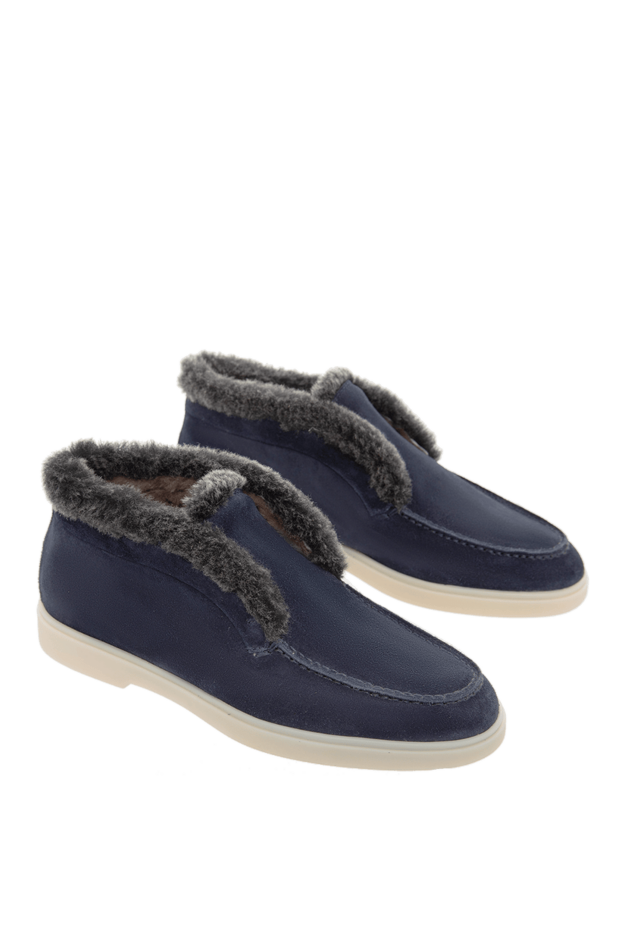 Santoni қара хутры бар көк түсті нубуктан жасалған әйелдердің лоферлері 166728 - фото 2