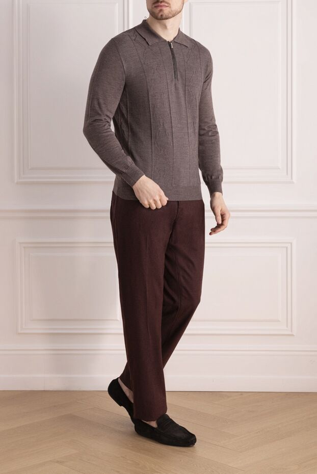 Zilli men's long sleeve brown textured polo shirt with crocodile leather inserts 167404 - photo 2