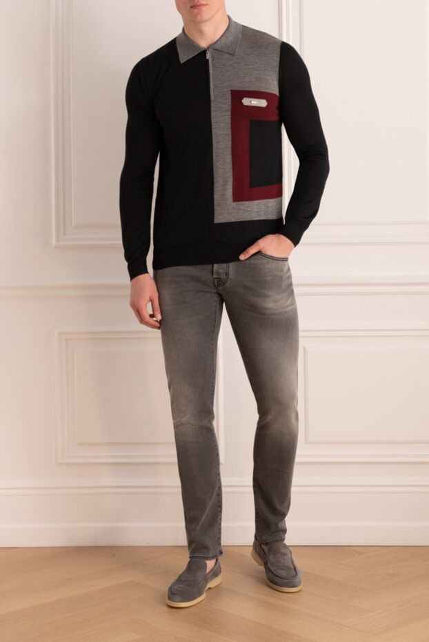 Zilli men's long sleeve black polo shirt with contrasting inserts and crocodile leather patch 167458 - photo 2