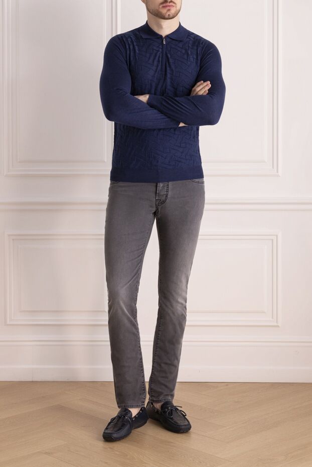 Zilli men's long sleeve dark blue polo shirt with textured pattern 167487 - photo 2