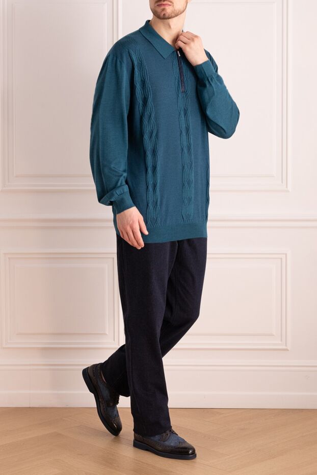 Zilli men's long sleeve green patterned polo shirt with crocodile leather insert 167505 - photo 2