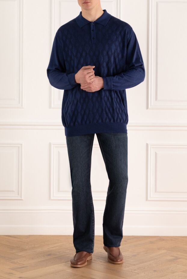 Zilli men's long sleeve blue polo shirt with embossed pattern and buttons 167513 - photo 2