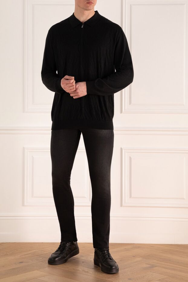 Zilli men's long sleeve black textured polo shirt with zipper and classic collar 167531 - photo 2