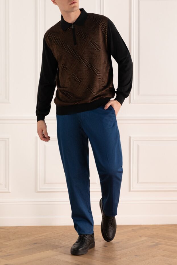Zilli men's long sleeve brown polo shirt with jacquard pattern and contrasting inserts 167553 - photo 2