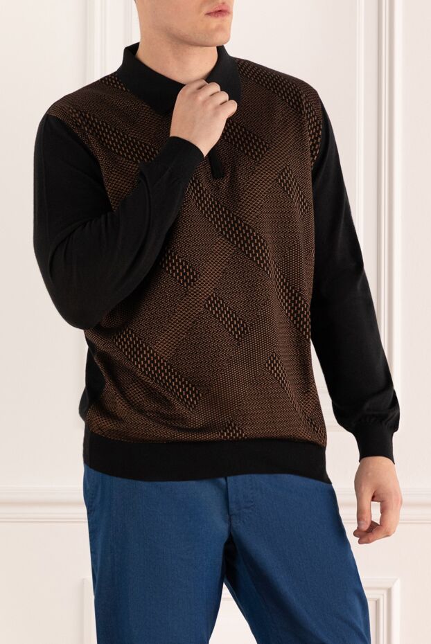 Zilli men's long sleeve brown polo shirt with jacquard pattern and contrasting inserts 167553 - photo 3
