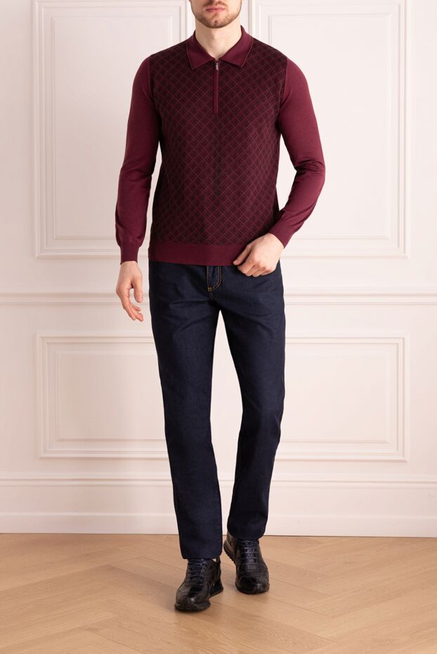 Zilli long sleeve polo shirt made of cashmere, silk and wool in burgundy with a diamond pattern
 167555 - photo 2