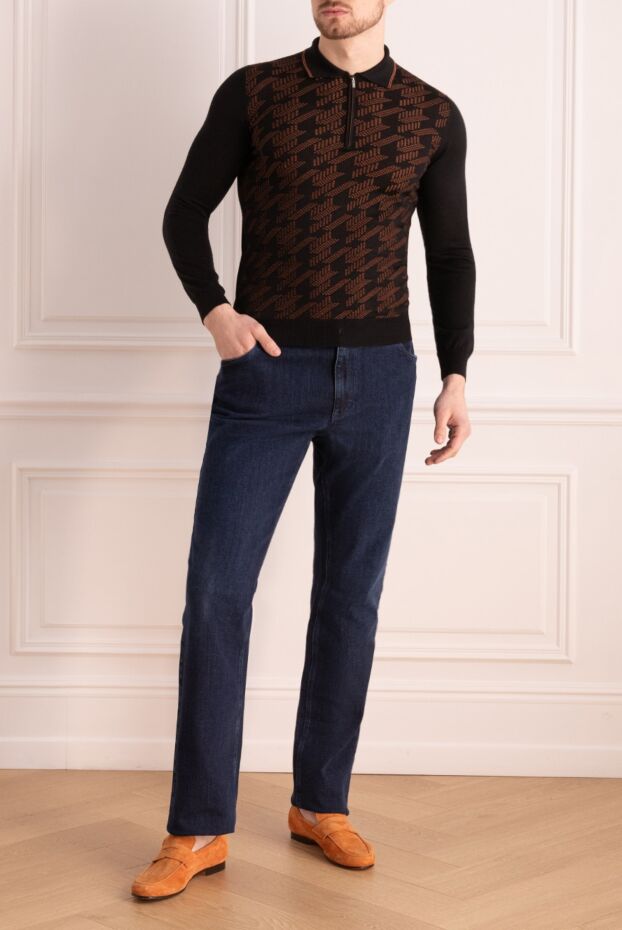 Zilli men's long sleeve black polo shirt with contrast abstract pattern and zipper 167833 - photo 2