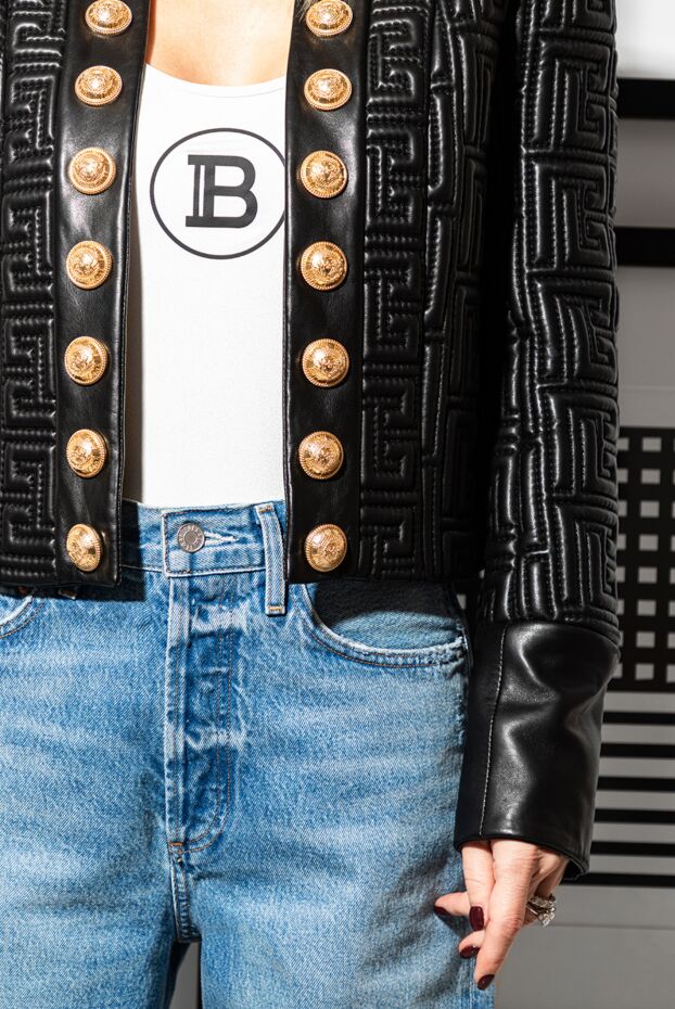 Balmain текстуралы өрнекті және алтын түсті былғары түймелері бар қара күрте 168341 - фото 2