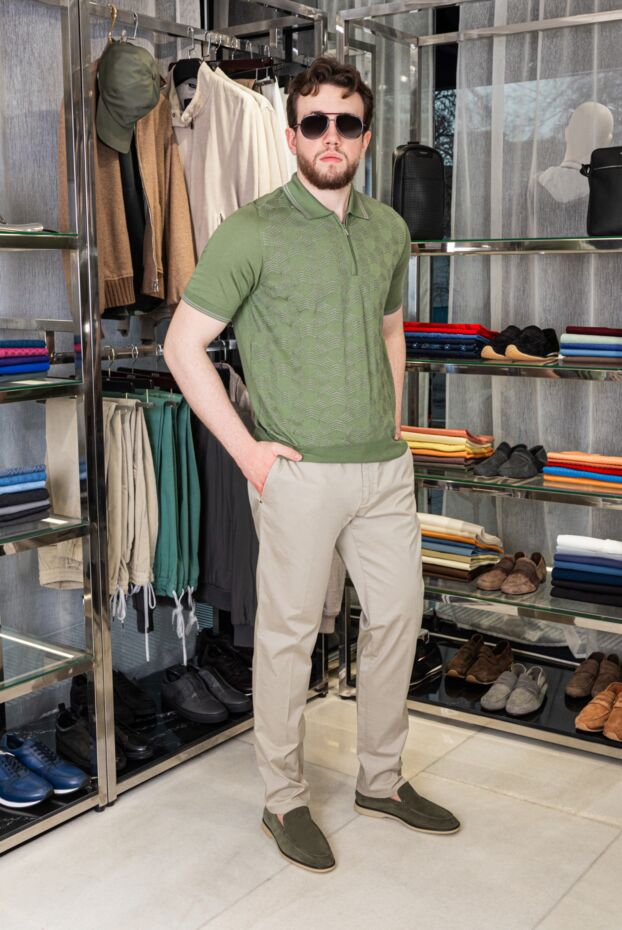 Cesare di Napoli green silk polo shirt with a geometric pattern for men 168409 - photo 2