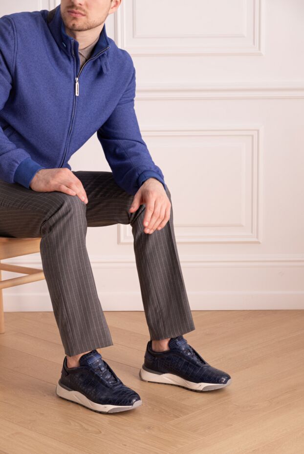 Santoni men's blue crocodile leather sneakers with logo 168558 - photo 2