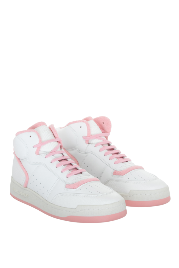 Saint Laurent women's high leather sneakers with pink laces in white 170774 - photo 3