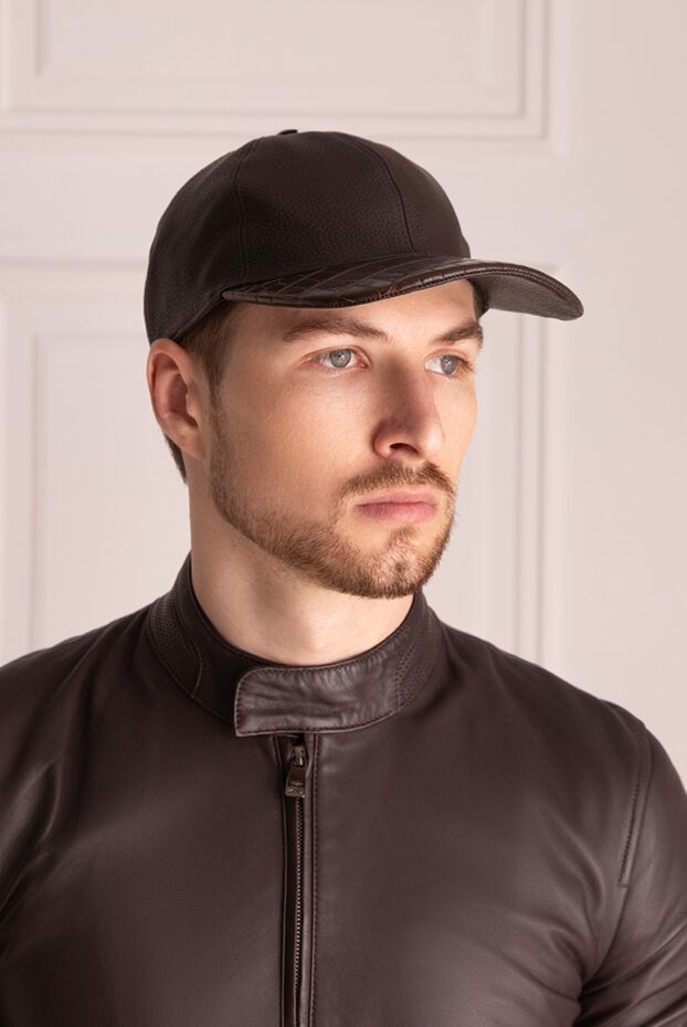 Cesare di Napoli leather cap with crocodile leather visor brown for men 171023 - photo 2