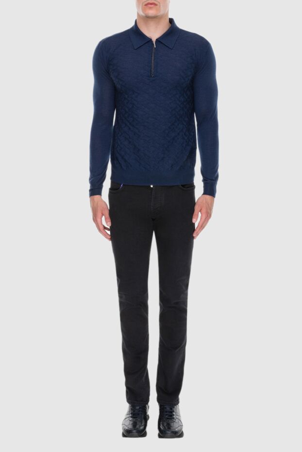 Cesare di Napoli men's long sleeve textured dark blue polo shirt with crocodile leather insert 171388 - photo 2