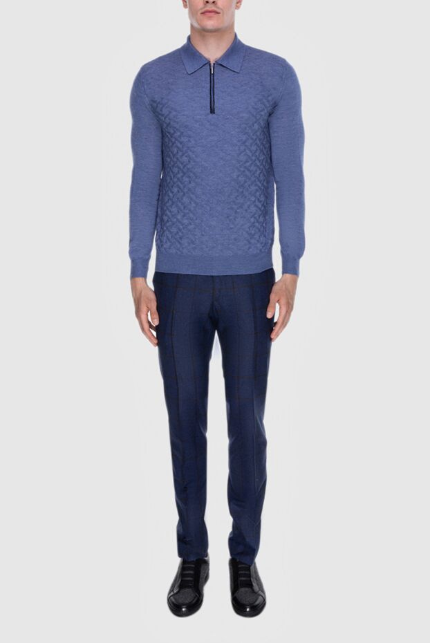 Cesare di Napoli men's long sleeve textured blue polo shirt with crocodile leather insert 171391 - photo 2