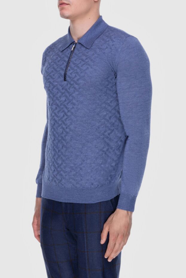 Cesare di Napoli men's long sleeve textured blue polo shirt with crocodile leather insert 171391 - photo 3