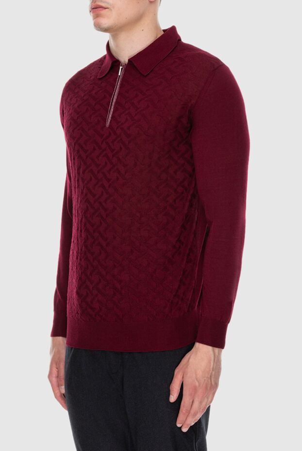 Cesare di Napoli men's long sleeve textured burgundy polo shirt with crocodile leather insert 171392 - photo 3