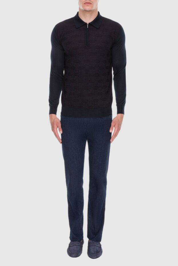 Cesare di Napoli men's long sleeve blue polo shirt with a contrast pattern 171394 - photo 2
