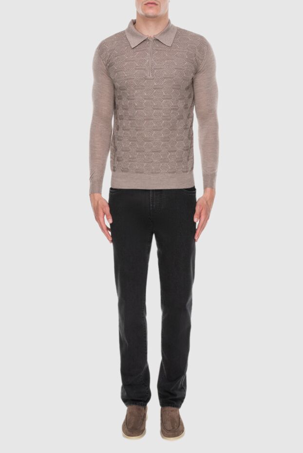 Cesare di Napoli men's long sleeve beige polo shirt with abstract textured pattern 171401 - photo 2