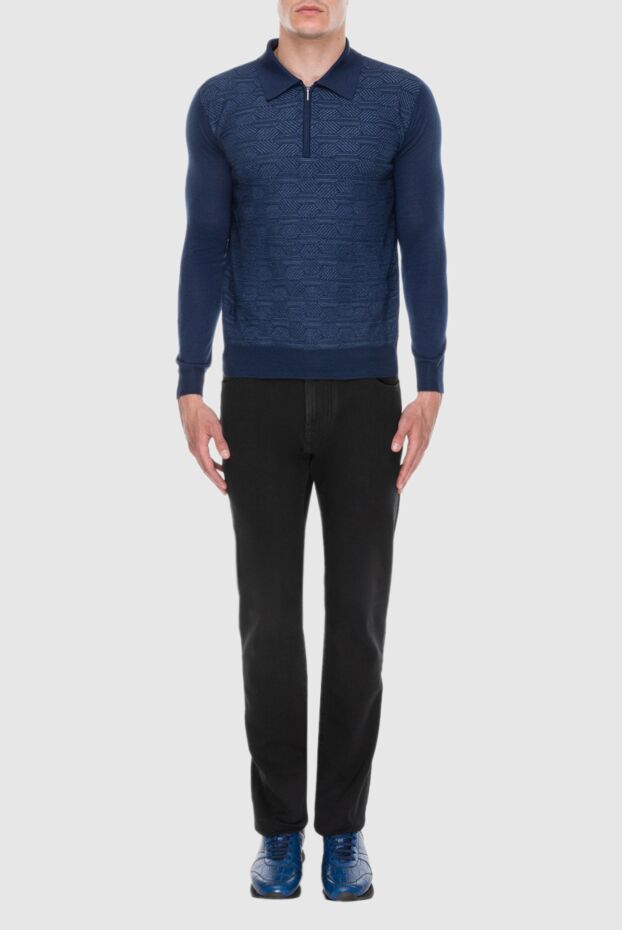 Cesare di Napoli men's long sleeve blue polo shirt with abstract textured pattern 171402 - photo 2