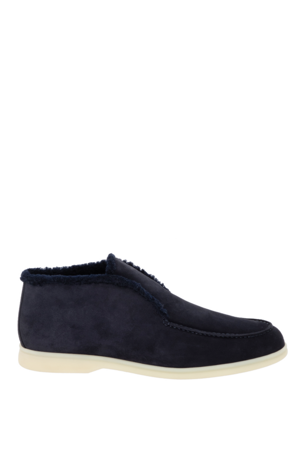 Dark blue men's winter loafers made of suede with fur
- photo 1