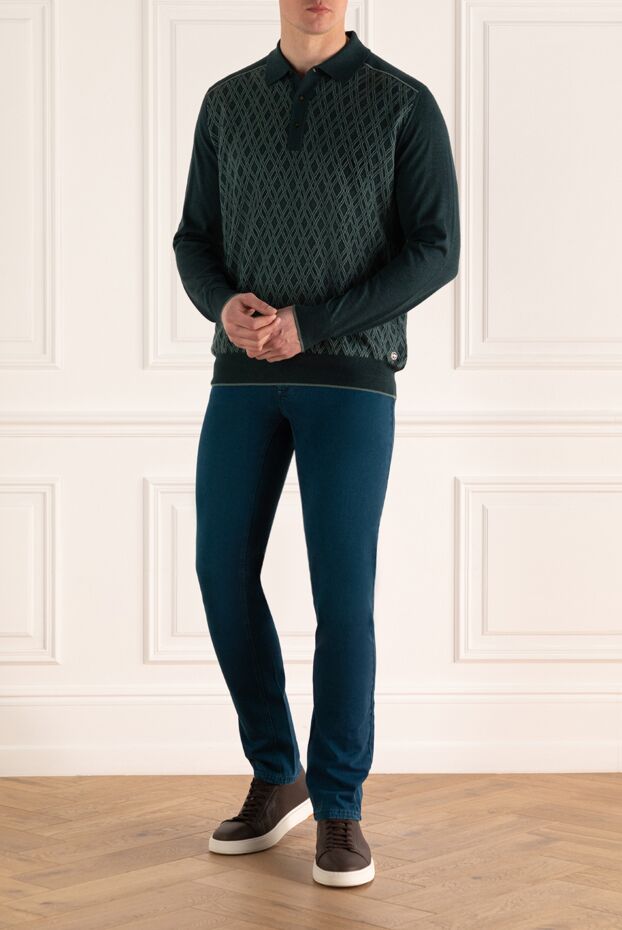 Stefano Ricci long sleeve silk and cashmere polo shirt in emerald green with graphic pattern 172340 - photo 2
