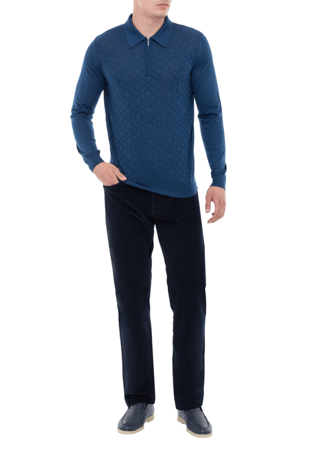 Cesare di Napoli men's long sleeve blue textured patterned polo shirt 172472 - photo 2