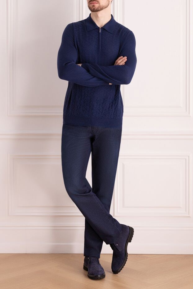 Cesare di Napoli men's long sleeve dark blue textured patterned polo shirt 172705 - photo 2