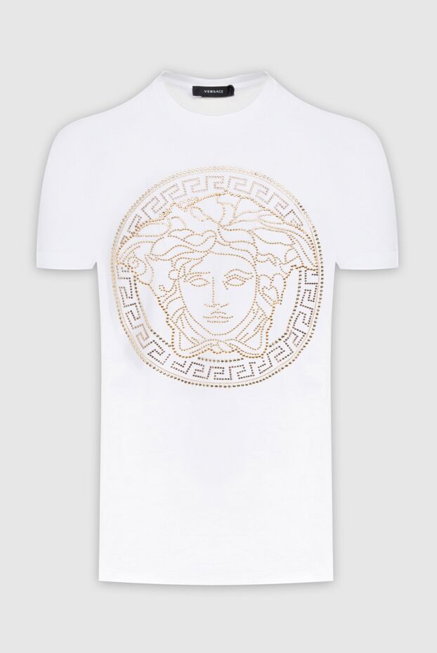 White cotton t-shirt with gold Medusa pattern made of rhinestones - photo 1