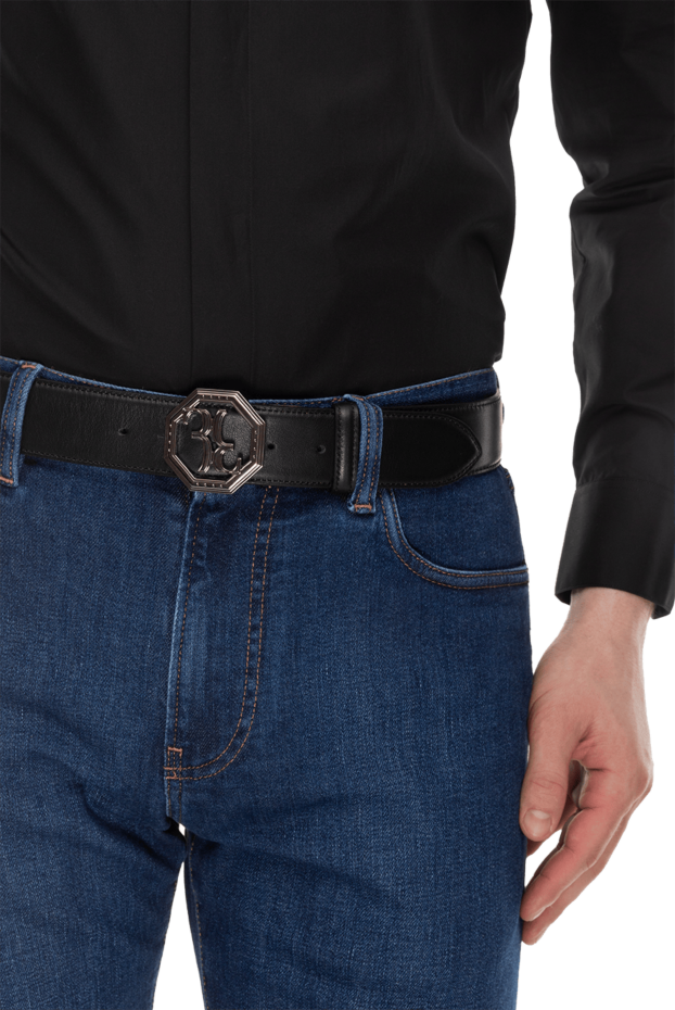 Billionaire black leather belt with contrast logo buckle for men 173230 - photo 3
