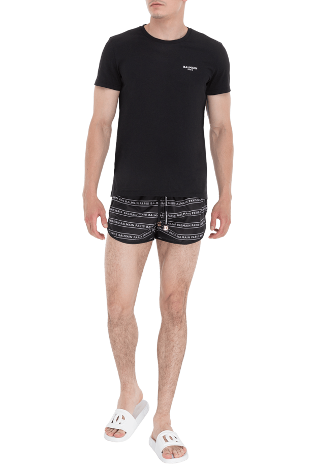 Balmain men's black cotton t-shirt with white logo 173857 - photo 2
